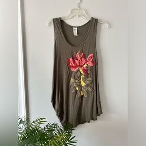 Anthropologie Olive Green Tank Top with Flower Appliqué Design